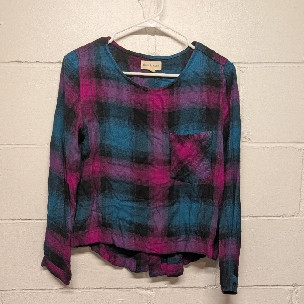 CLOTH & STONE Cross Tie Back Pullover Plaid Long Sleeve Anthro Shirt Women's XS
